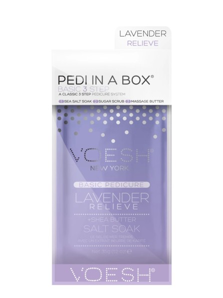 Voesh BASIC PEDI IN A BOX 3IN1 LAVENDER RELIEVE maitinanti procedūra kojoms su taukmedžio sviestu ir levandų ekstraktais, 1 vnt.