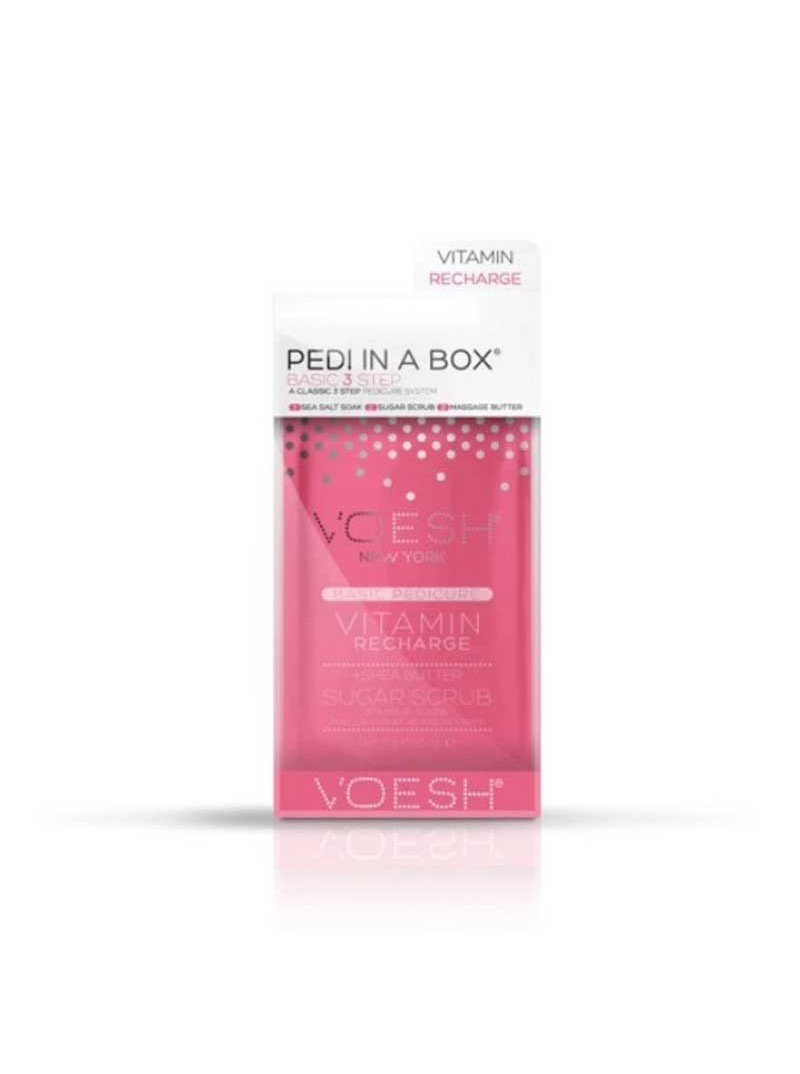 Voesh BASIC PEDI IN A BOX 3IN1 VITAMIN RECHARGE atnaujinanti procedūra kojoms su taukmedžio sviestu ir vitaminais, 1 vnt.