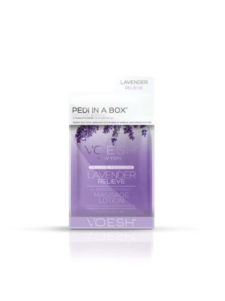 Voesh PEDI IN A BOX 4IN1 LAVENDER RELIEVE raminanti ir atgaivinanti procedūra kojoms su levandų ekstraktais, 1 vnt.