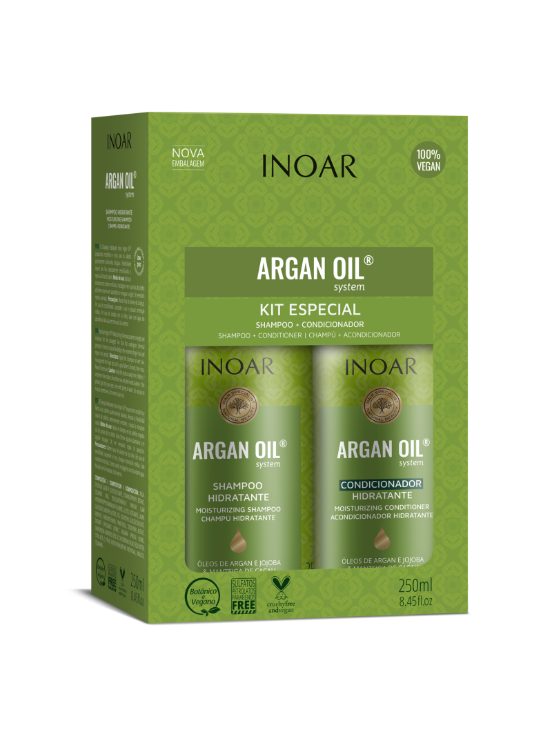 INOAR ARGAN OIL DUO KIT intensyviai plaukus drėkinantis rinkinys su Argano aliejumi, 2x250 ml.