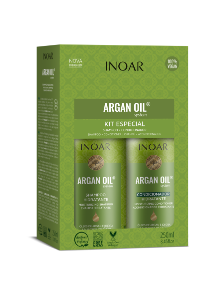 INOAR ARGAN OIL DUO KIT intensyviai plaukus drėkinantis rinkinys su Argano aliejumi, 2x250 ml.