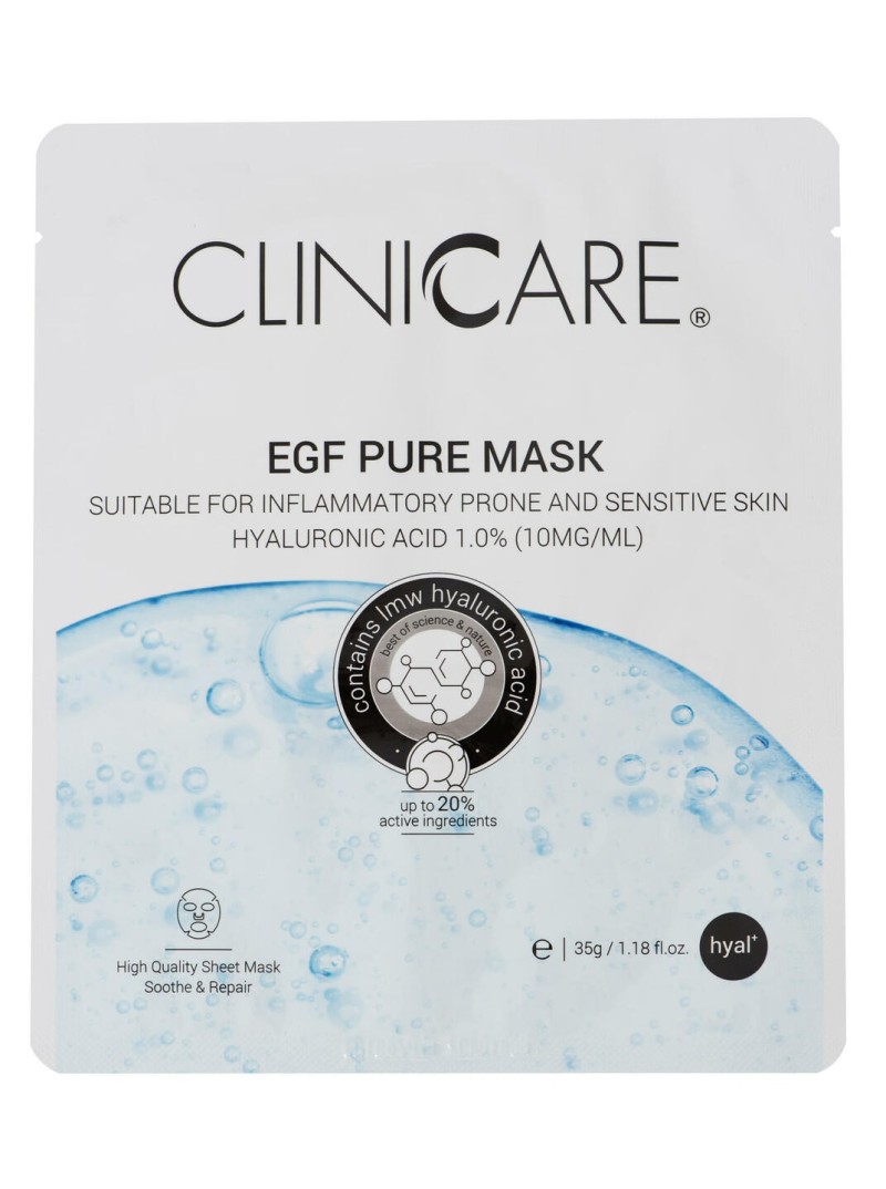 Clinicare EGF PURE MASK Priešuždegiminė raminamoji lakštinė kaukė, 1 vnt.