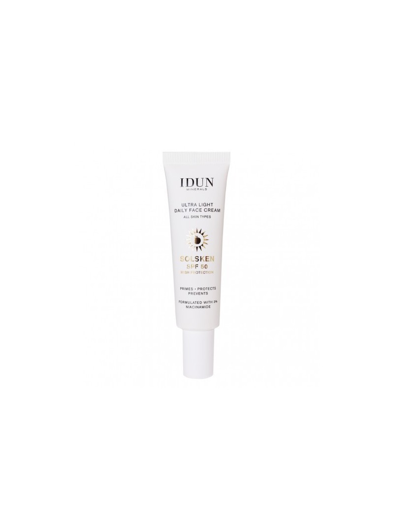 Idun Minerals Ultra Light Daily Face Cream Ypač lengvas dieninis veido kremas su niacinamidu SPF 50, 30ml.