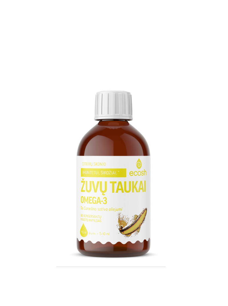 Ecosh Žuvų taukai su Camelina sativa aliejumi, citrinų skonio, 150 ml