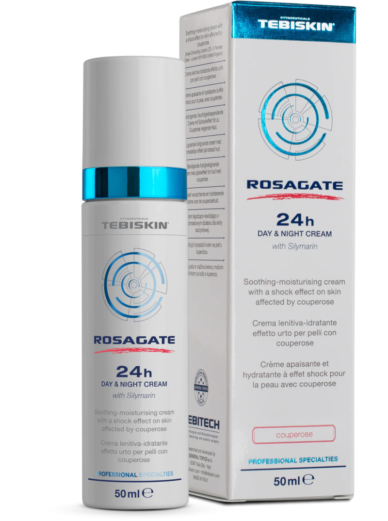 Tebiskin ROSAGATE 24h DAY & NIGHT CREAM Raminamasis ir drėkinamasis kremas nuo kuperozės kenčiančiai odai, 50 ml.