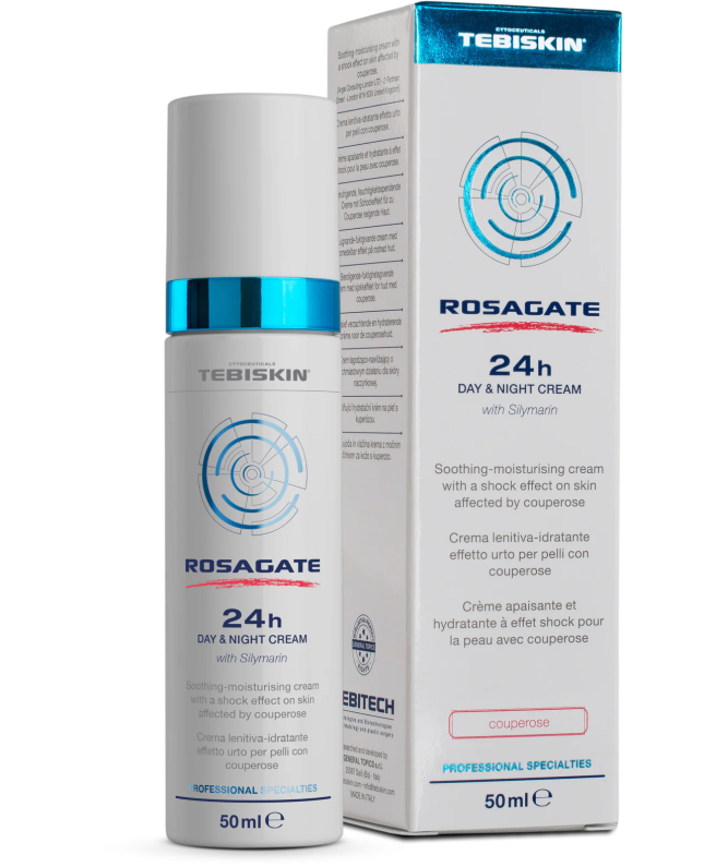 Tebiskin ROSAGATE 24h DAY & NIGHT CREAM Raminamasis ir drėkinamasis kremas nuo kuperozės kenčiančiai odai, 50 ml.