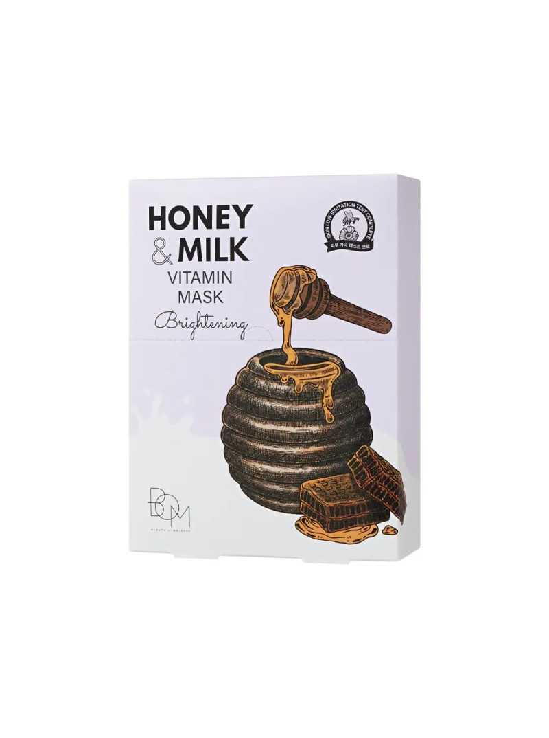BOM Honey & Milk Vitamin Mask - skaistinančios odą lakštinės veido kaukės, 10vnt