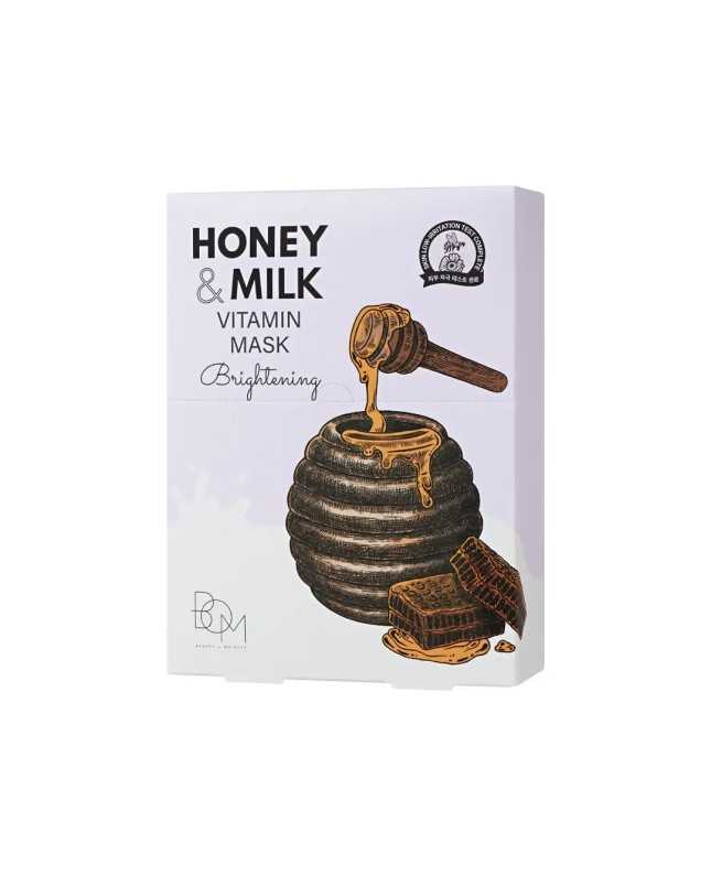 BOM Honey & Milk Vitamin Mask - skaistinančios odą lakštinės veido kaukės, 10vnt