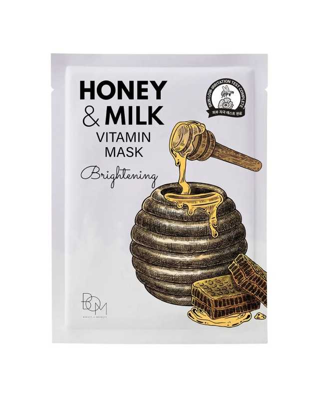 BOM Honey & Milk Vitamin Mask - skaistinančios odą lakštinės veido kaukės, 10vnt